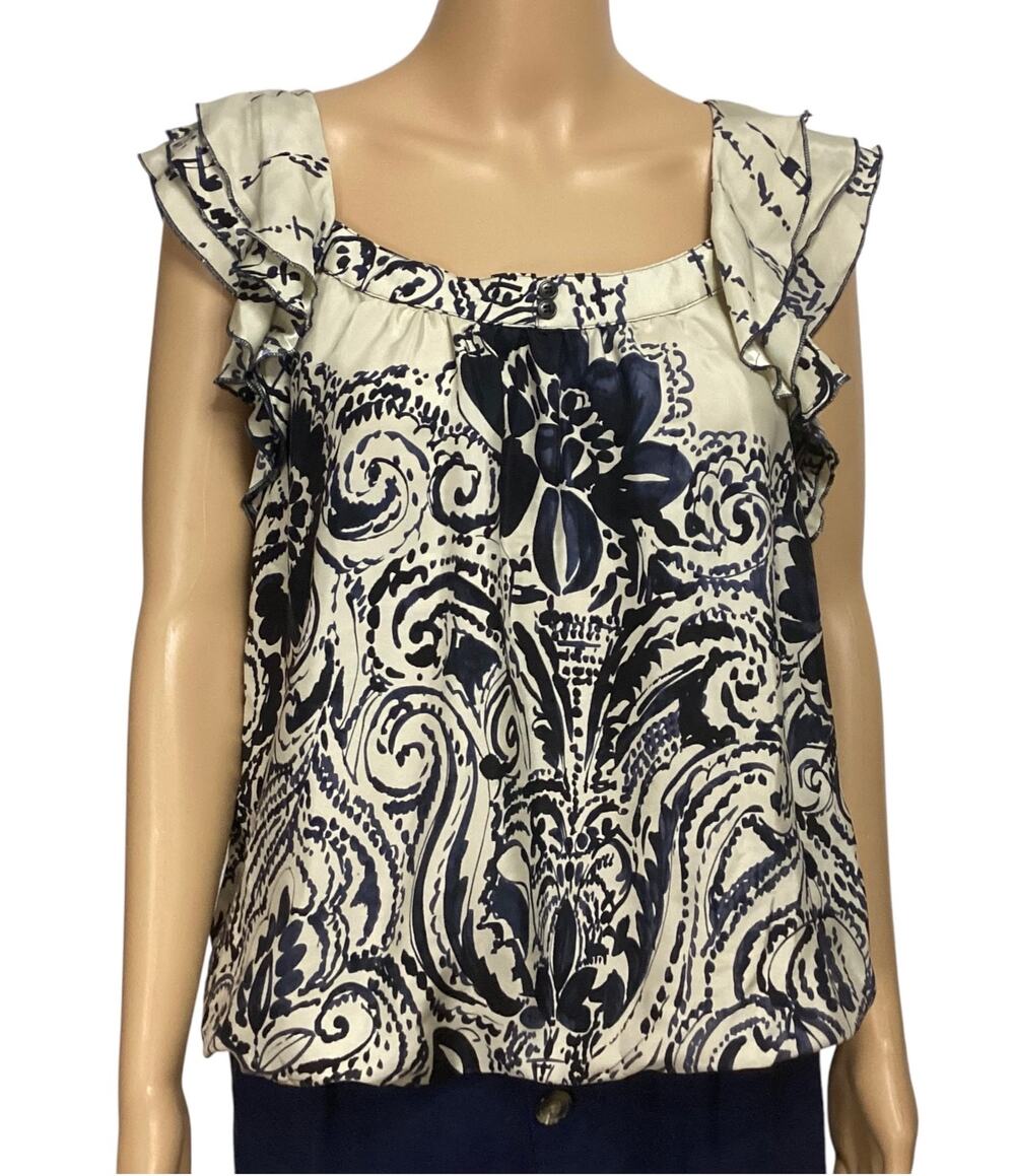 For Joseph 100% Silk Paisley Floral Ruffle Sleeve Blouse Top Navy Cream Size L